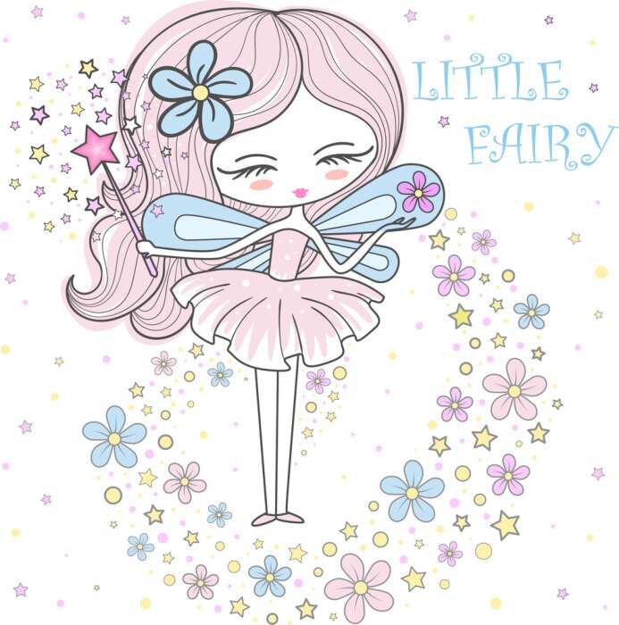 Poster Fee mit blauen Flügeln und bunten Blumen