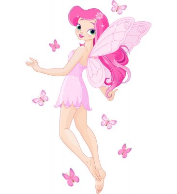 Poster Fee mit langen rosa Haaren und Schmetterlingen
