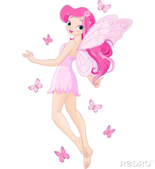 Poster Fee mit langen rosa Haaren und Schmetterlingen