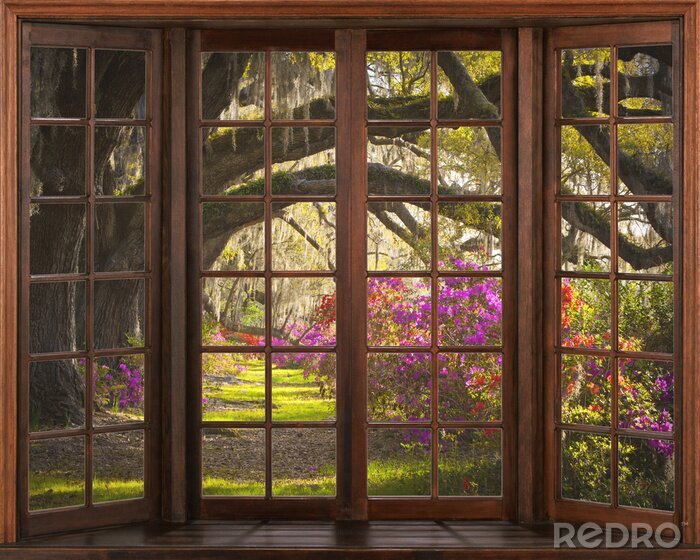 Poster Fenster mit Blick auf einen märchenhaften Garten