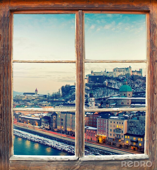 Poster Fensteransicht einer schneebedeckten Stadt