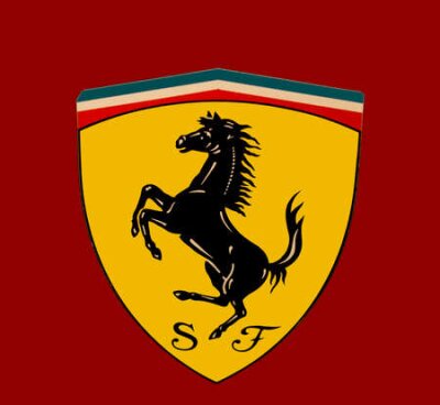 Poster Ferrari-Logo mit einem schwarzen Pferd auf gelbem Hintergrund