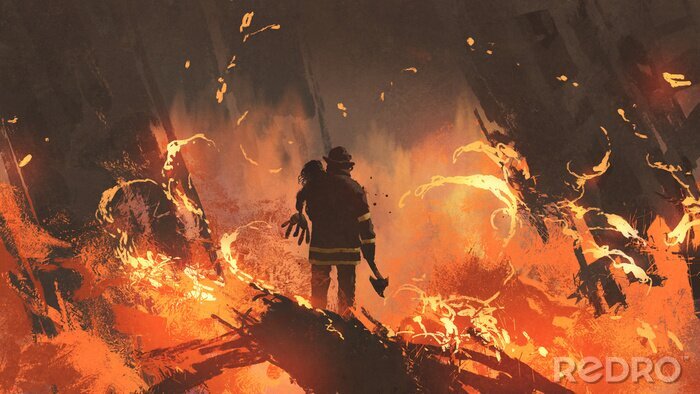 Poster Feuerwehrmann rettet Mädchen vor Feuer