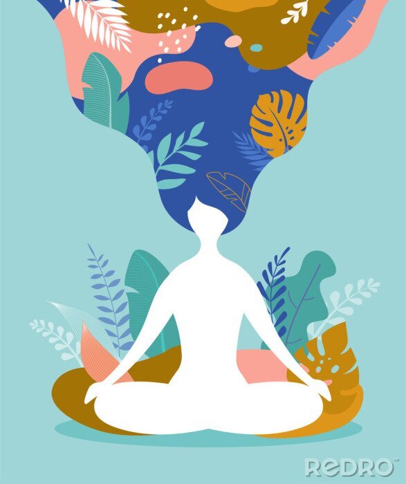 Poster Figur einer meditierenden Frau zwischen exotischen Blättern