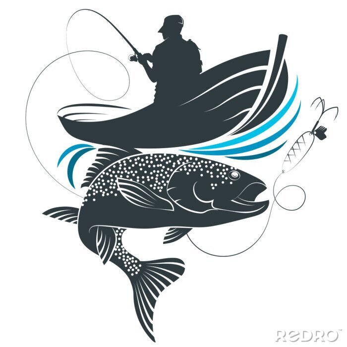 Poster Fische Grafik Angler in einem Boot und schwarz-weißer Fisch