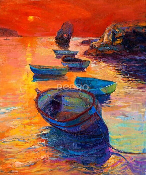 Poster Fischerboote und Sonnenuntergang