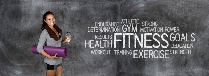 Poster Fitness Frau und Texte über Übungen