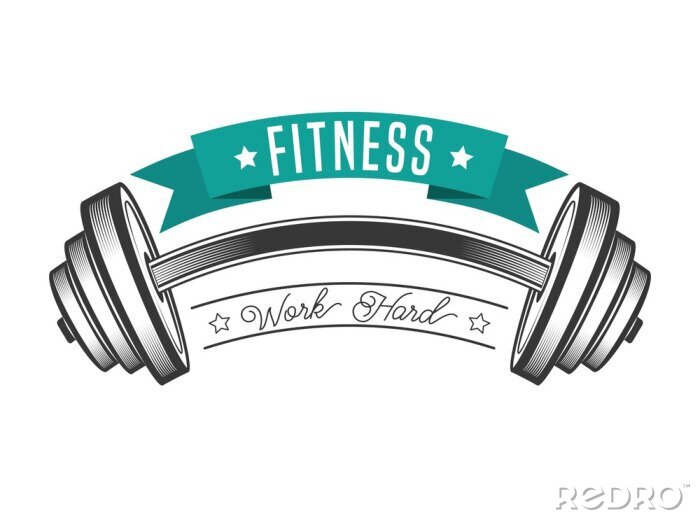 Poster Fitness Grafik mit Gewichten und Beschriftungen