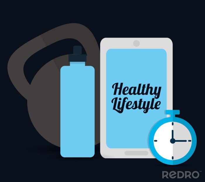 Poster Fitness Grafik mit Uhr, Flasche und Gewicht