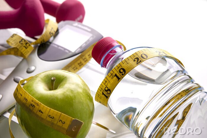 Poster Fitness Wasser und Apfel verpackt mit Messgerät
