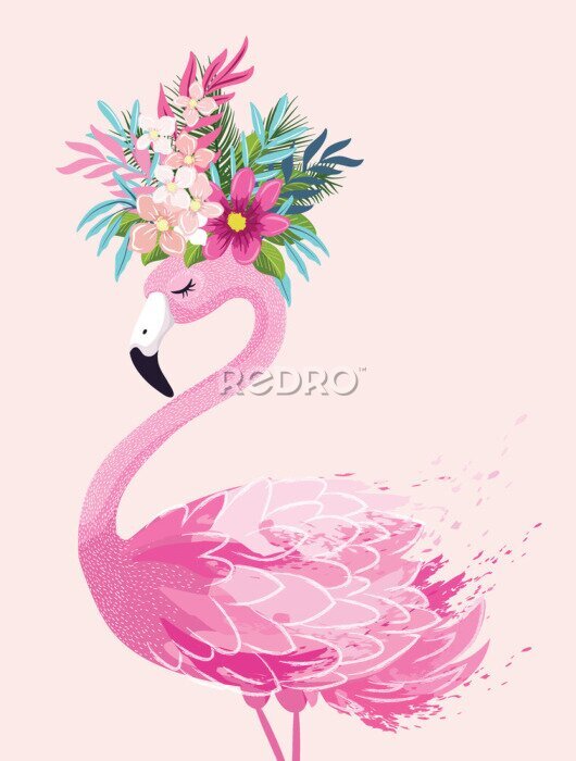 Poster Flamingo mit Blumenkranz