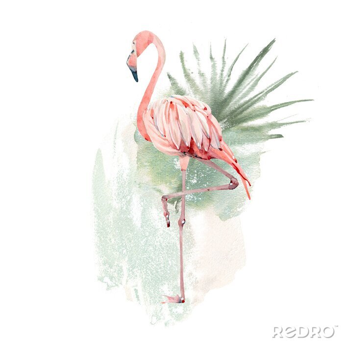 Poster Flamingo und Aquarell-Blatt