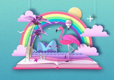 Poster Flamingo und Palmen auf einem aufgeschlagenen Buch