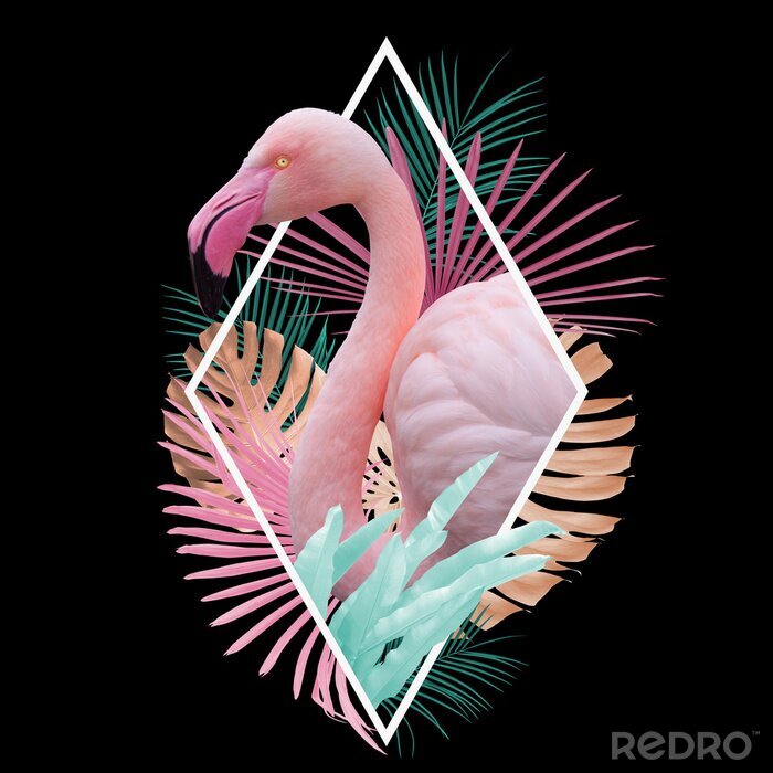 Poster Flamingo und tropische Pflanzen