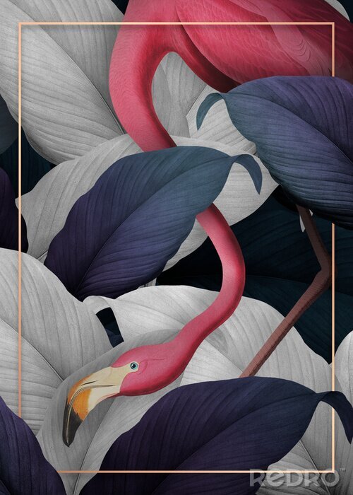 Poster Flamingo unter grauen Blättern