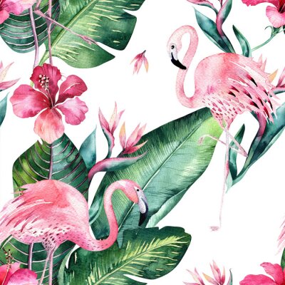 Flamingos Blumen und Monsterablätter auf einem Motiv mit weißem Hintergrund
