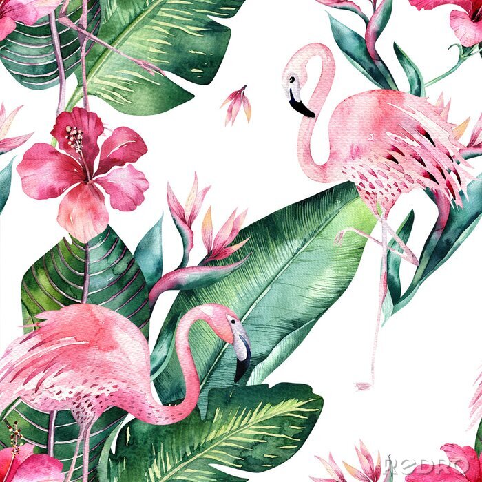 Poster Flamingos Blumen und Monsterablätter auf einem Motiv mit weißem Hintergrund