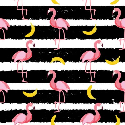 Flamingos und Bananen auf einem gestreiften Muster