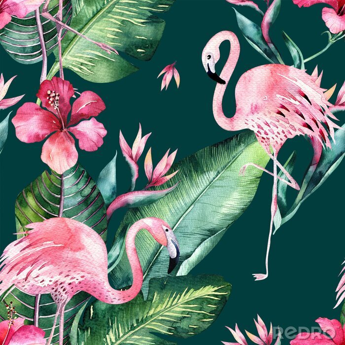 Poster Flamingos und Monsterablätter auf einem Motiv mit grünem Hintergrund