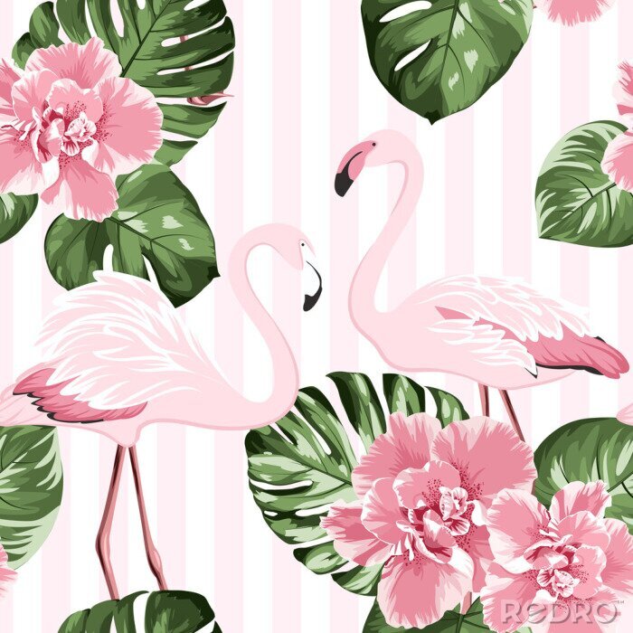 Poster Flamingos und Monsterablättern