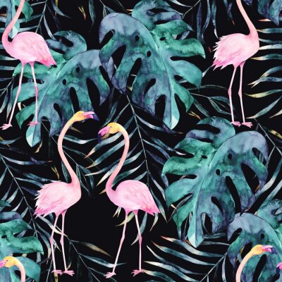 Flamingos und Monsterblätter auf schwarzem Hintergrund
