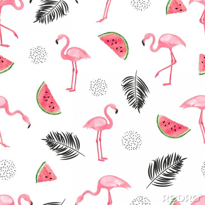 Poster Flamingos unter Wassermelonen und Blättern