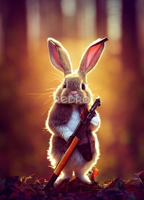 Poster Flauschiger Hasen-Jäger mit Gewehr im Wald