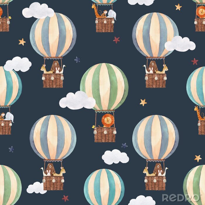 Poster Fliegende Luftballons mit Tieren in der Nacht