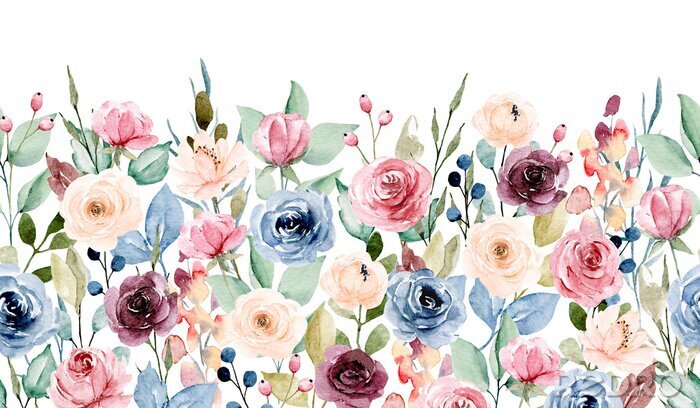 Poster Floral seamless border with watercolor flowers, leaves. Repeating pattern for background, invitation, greeting card, poster, fabric, paper and other. Hand painting. Isolation on white.