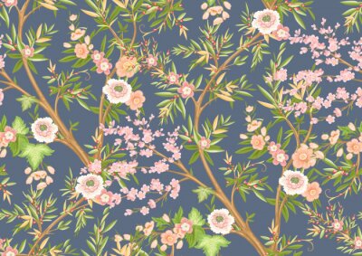 Floral seamless pattern in chinoiserie style. Vector illustration.