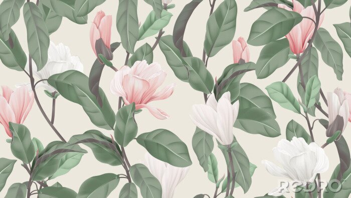 Poster Floral seamless pattern, pink and white Anise magnolia flowers and leaves on light brown, pastel vintage theme