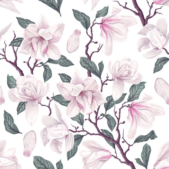 Poster Floral seamless pattern with white Anise magnolia flowers, leaves and petals on white background. Pastel vintage theme with realistic, vector, spring flowers for fabric, prints, greeting cards.