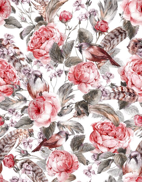 Poster Florales Shabby-Chic-Muster mit Vögeln
