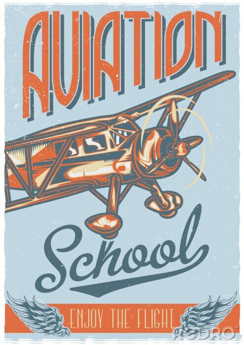 Poster Flugschule und Flugzeug im Retro-Stil