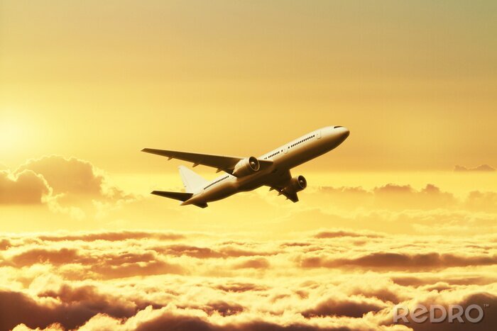 Poster Flugzeug im Himmel bei Sonnenuntergang