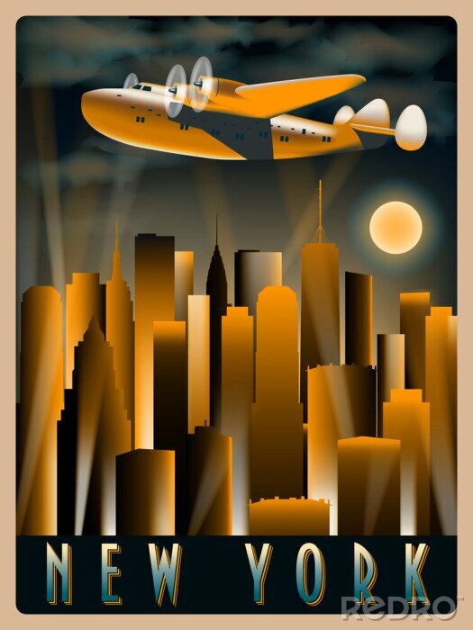 Poster Flugzeug über New York bei Nacht