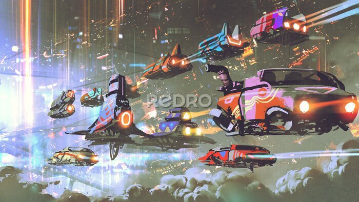 Poster Flying car traffic in the futuristic world, digital art style, illustration painting
