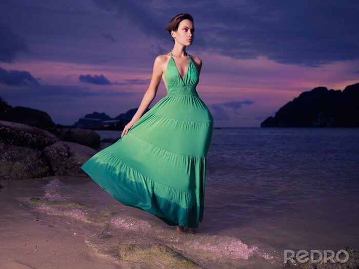Poster Frau am Strand in einem Kleid