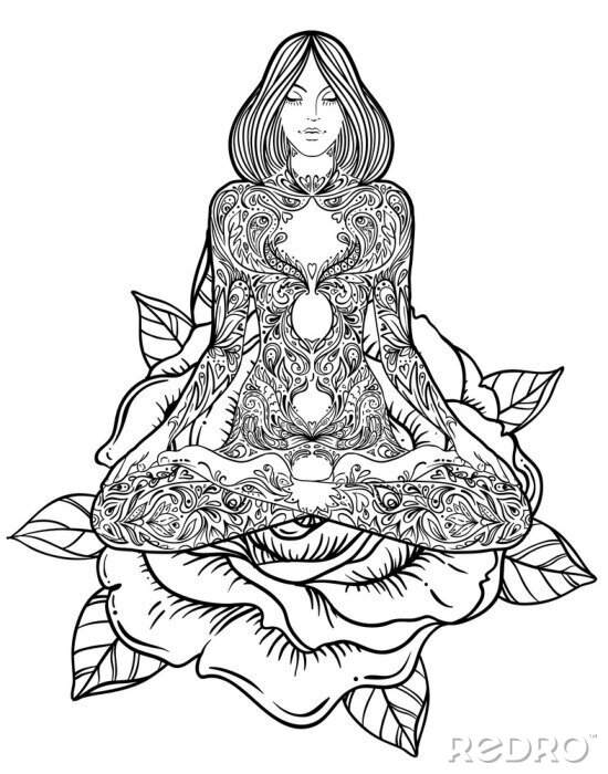 Poster Frau bei der Meditation auf den Blütenblättern einer Blume sitzend