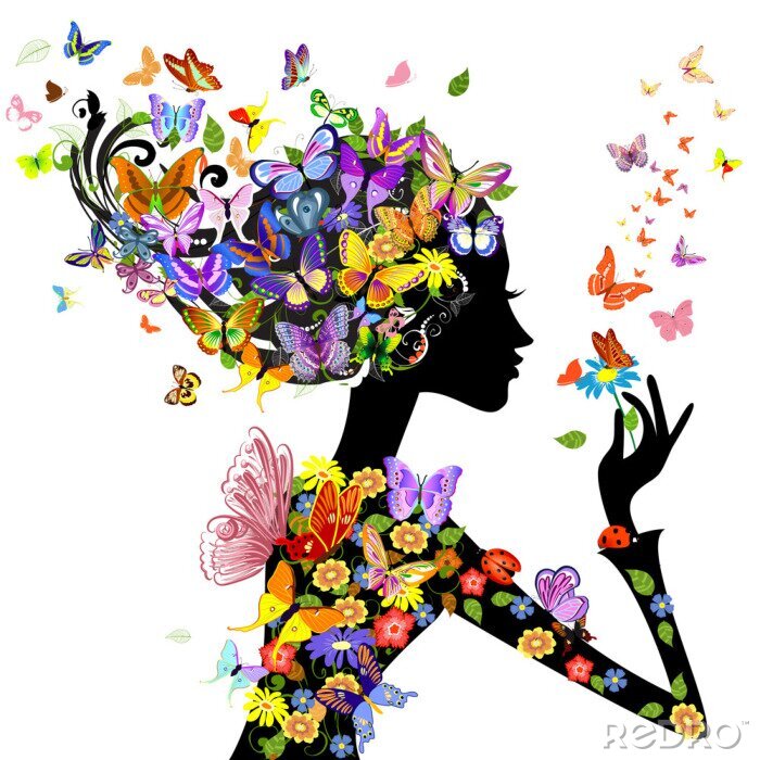Poster Frau Blumen und Schmetterlinge