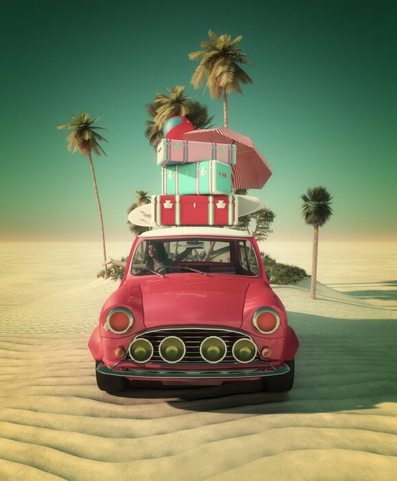 Poster Frau im Urlaub in einem Retro-Auto