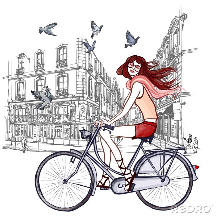 Poster Frau mit dem Fahrrad in Paris