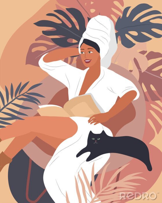 Poster Frau mit einem Buch und einer Katze beim Entspannen