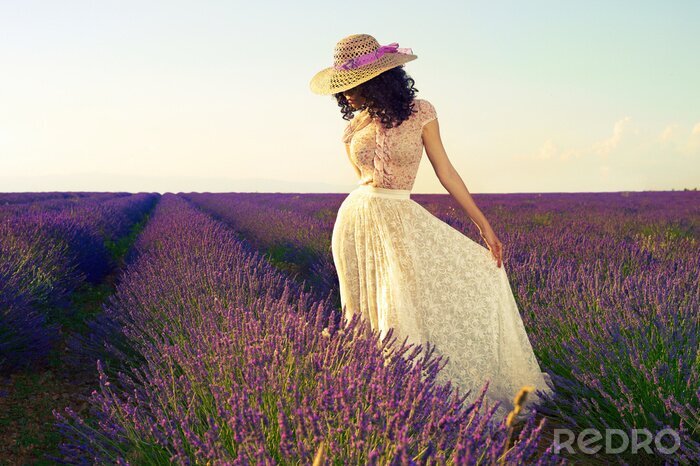 Poster Frau mit Hut auf dem Lavendelfeld