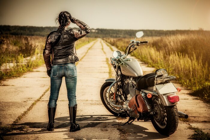 Poster Frau mit Motorrad