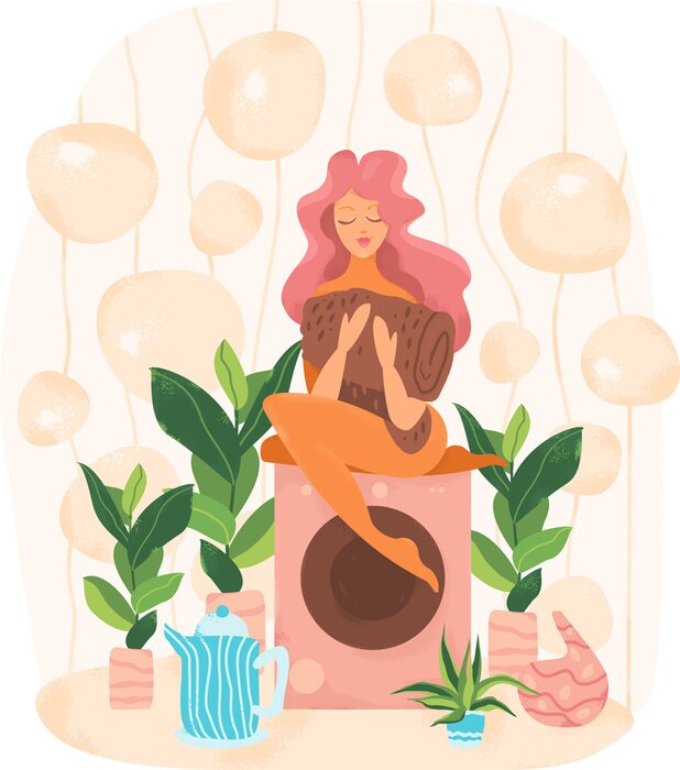 Poster Frau mit rosa Haaren sitzt auf einer Waschmaschine