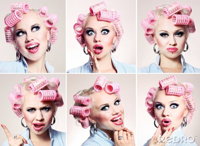 Poster Frau mit rosa Lockenwicklern im Haar