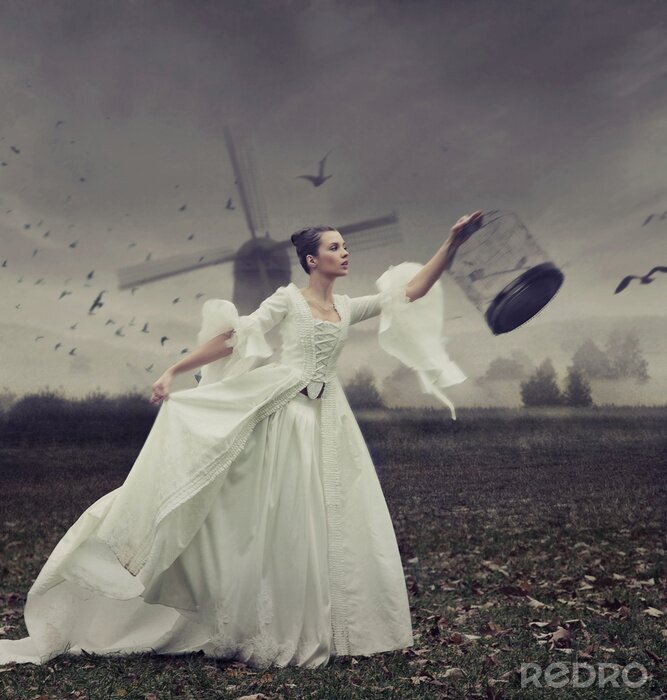 Poster Frau mit Vögeln