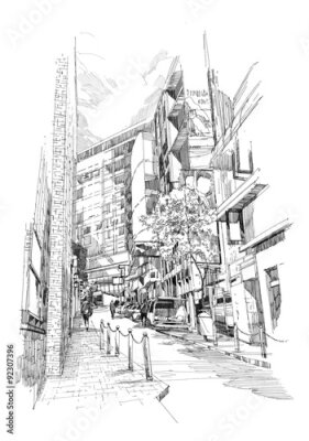 Poster Free hand sketch of the old alley of the city