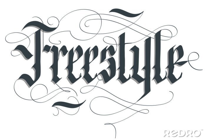 Poster Freestyle-Schriftzug-Typografie-Emblem, extremes Sport-T-Shirt, BMX-Skateboard-Fahrer-Print. Vektor